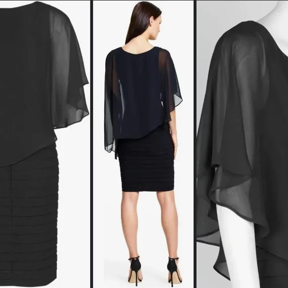 EUC | Adrianna Papell Chiffon drape overlay banded cocktail dress in Black - Picture 3 of 6